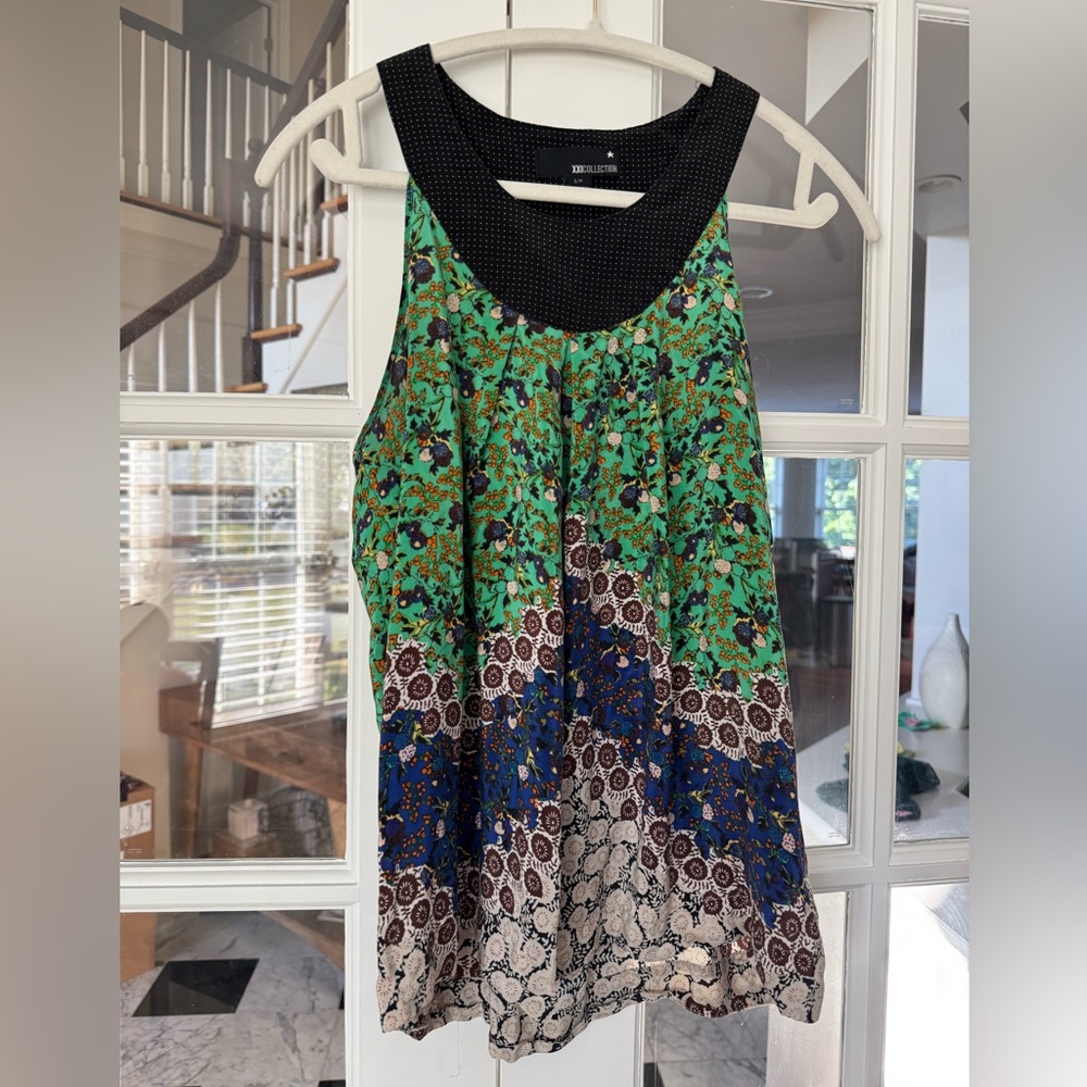 Y2K 100% Silk XXI COLLECTION Floral Top S Racerback Green Black Boho Festival